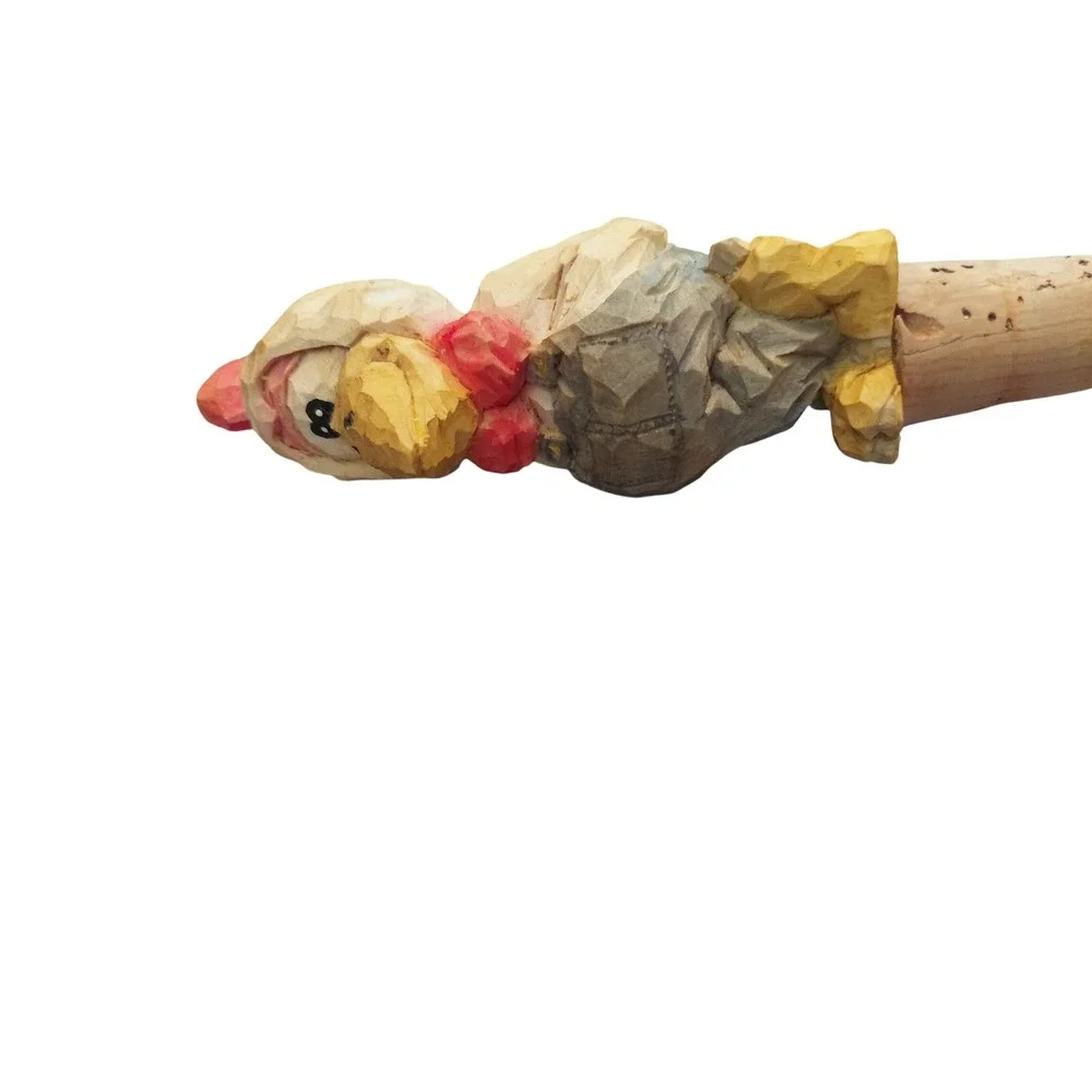 Hand Carved Wooden Chicken Wine Bottle Stopper Folk Art Rooster in Overalls